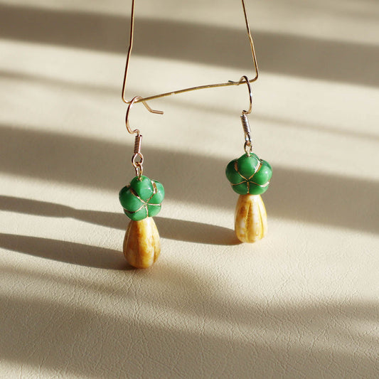 Green Flower Beaded Earrings – Green and Yellow Beads