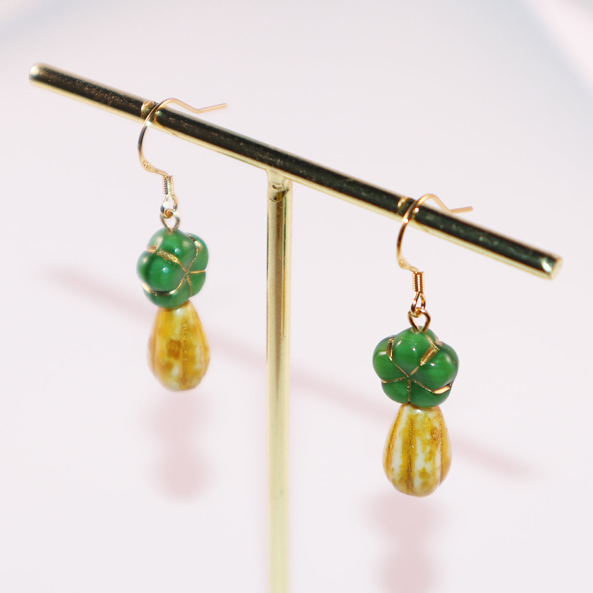 Green Flower Beaded Earrings – Green and Yellow Beads