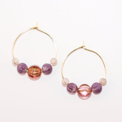 Handmade Light Purple Red Main Bead Hoop Earrings with Purple and White Beads