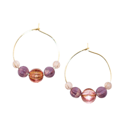 Handmade Light Purple Red Main Bead Hoop Earrings with Purple and White Beads