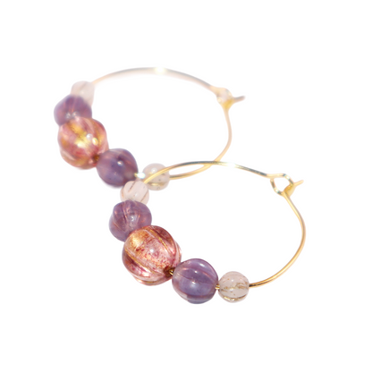 Handmade Light Purple Red Main Bead Hoop Earrings with Purple and White Beads
