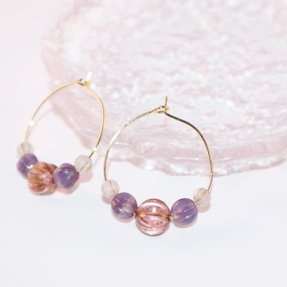 Handmade Light Purple Red Main Bead Hoop Earrings with Purple and White Beads