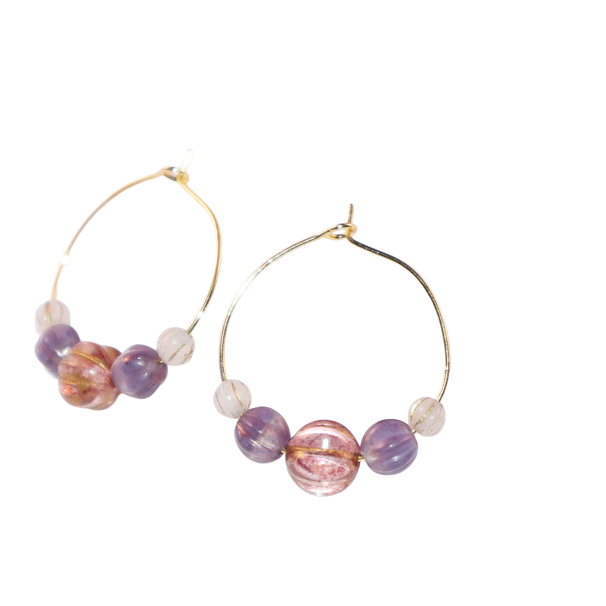 Handmade Light Purple Red Main Bead Hoop Earrings with Purple and White Beads