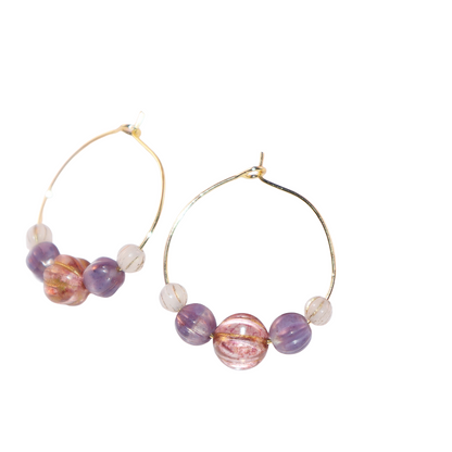 Handmade Light Purple Red Main Bead Hoop Earrings with Purple and White Beads