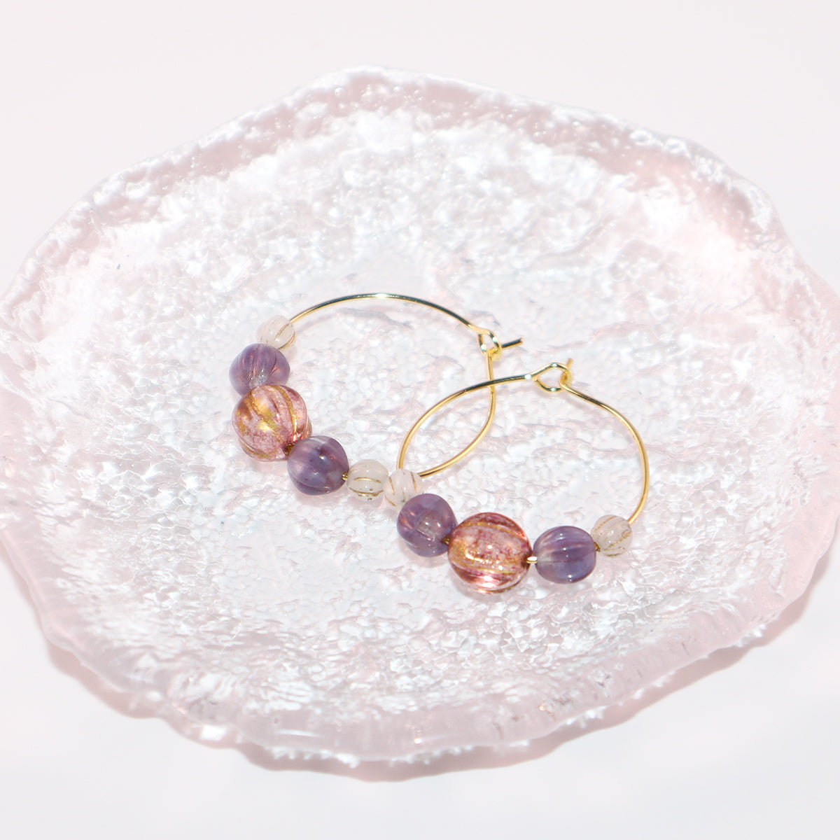 Handmade Light Purple Red Main Bead Hoop Earrings with Purple and White Beads