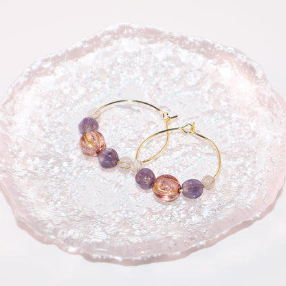 Handmade Light Purple Red Main Bead Hoop Earrings with Purple and White Beads