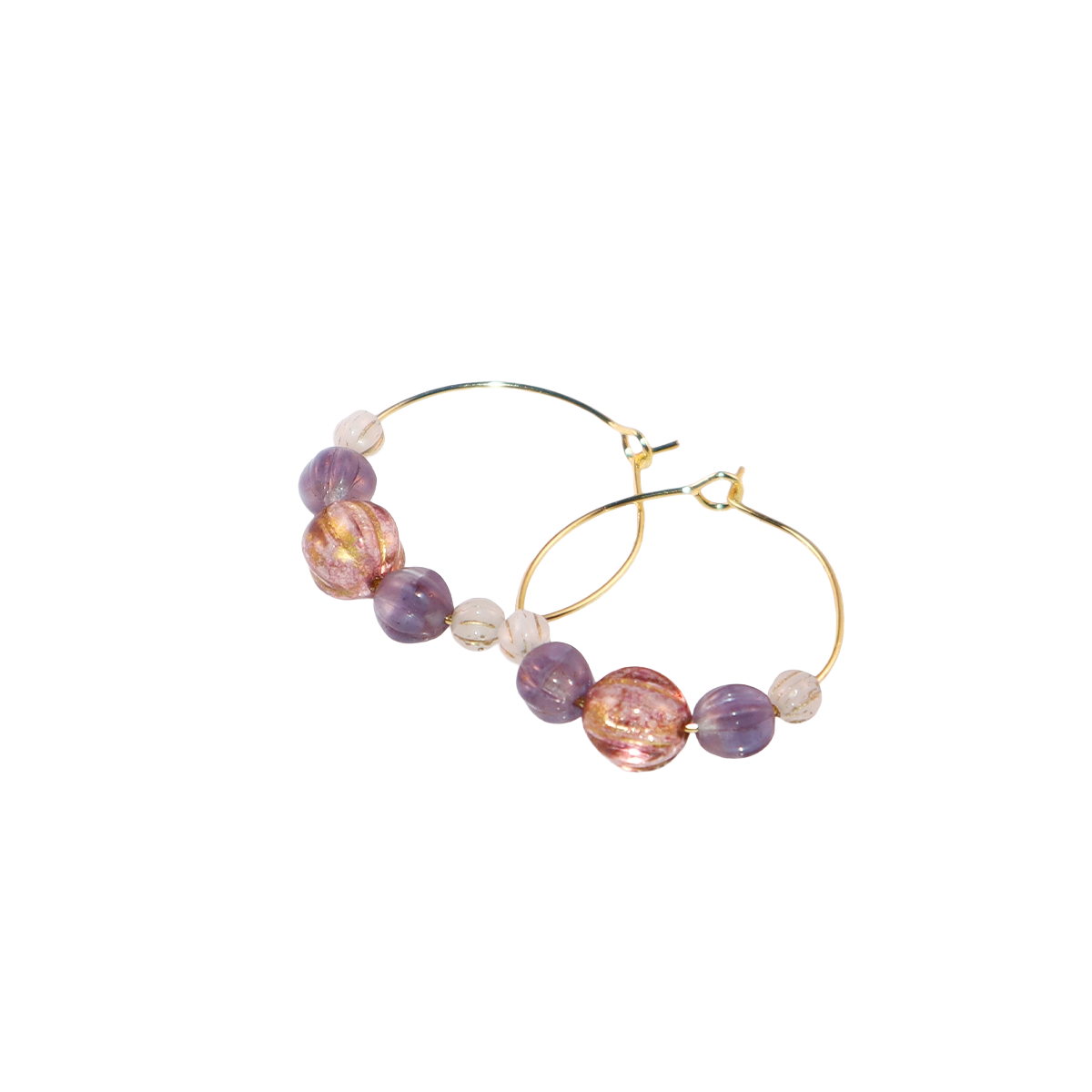 Handmade Light Purple Red Main Bead Hoop Earrings with Purple and White Beads