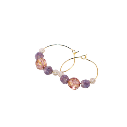 Handmade Light Purple Red Main Bead Hoop Earrings with Purple and White Beads