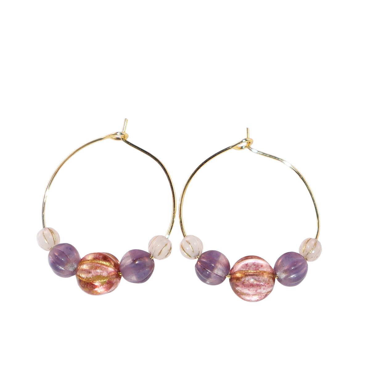 Handmade Light Purple Red Main Bead Hoop Earrings with Purple and White Beads