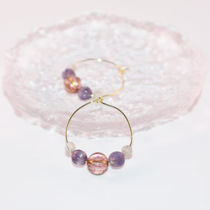 Handmade Light Purple Red Main Bead Hoop Earrings with Purple and White Beads