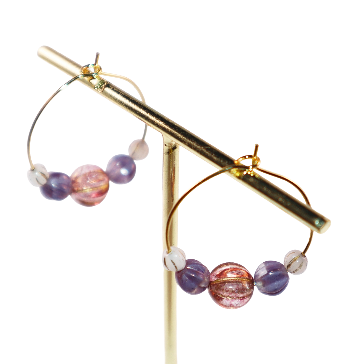 Handmade Light Purple Red Main Bead Hoop Earrings with Purple and White Beads