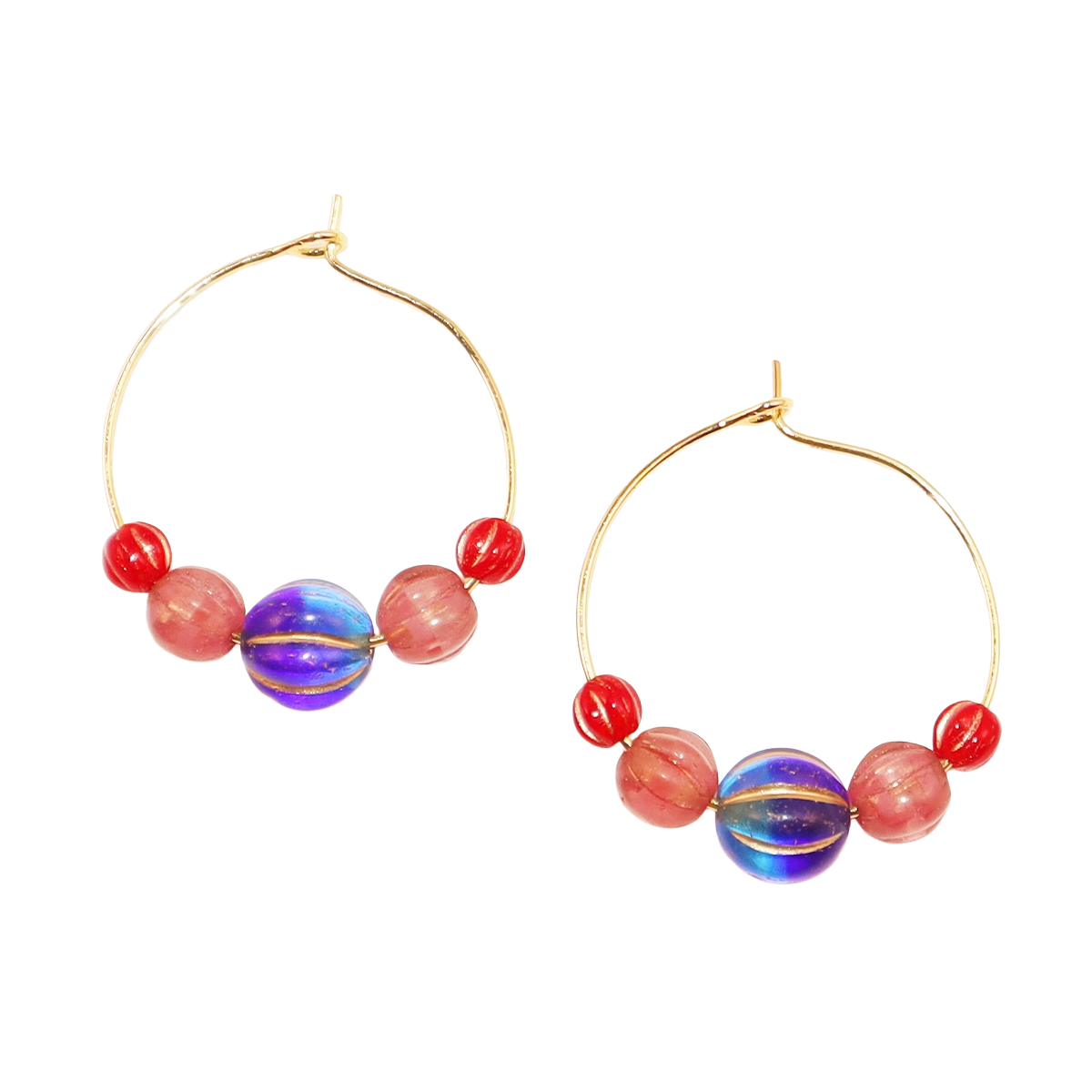 Hoop Earrings – Royal Blue Bead with Pink and Red Beads
