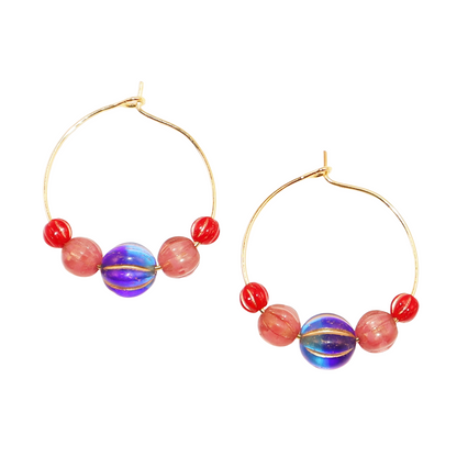 Hoop Earrings – Royal Blue Bead with Pink and Red Beads