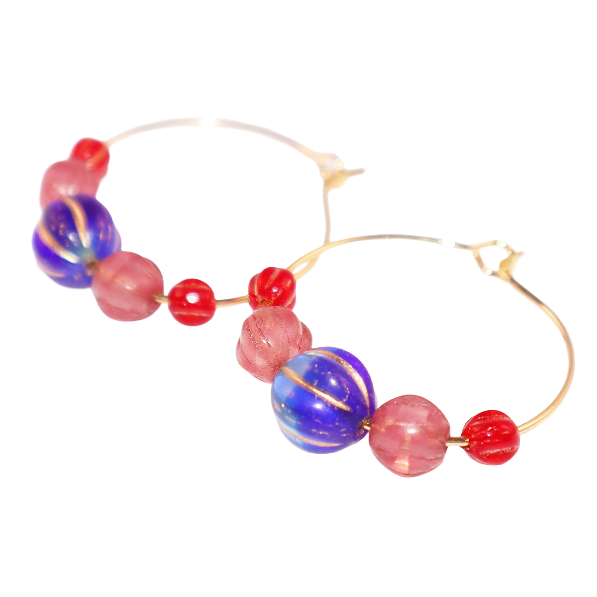Hoop Earrings – Royal Blue Bead with Pink and Red Beads