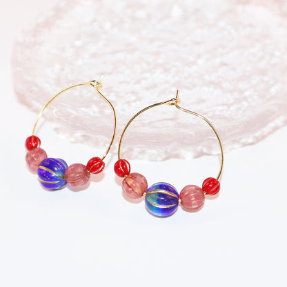 Hoop Earrings – Royal Blue Bead with Pink and Red Beads