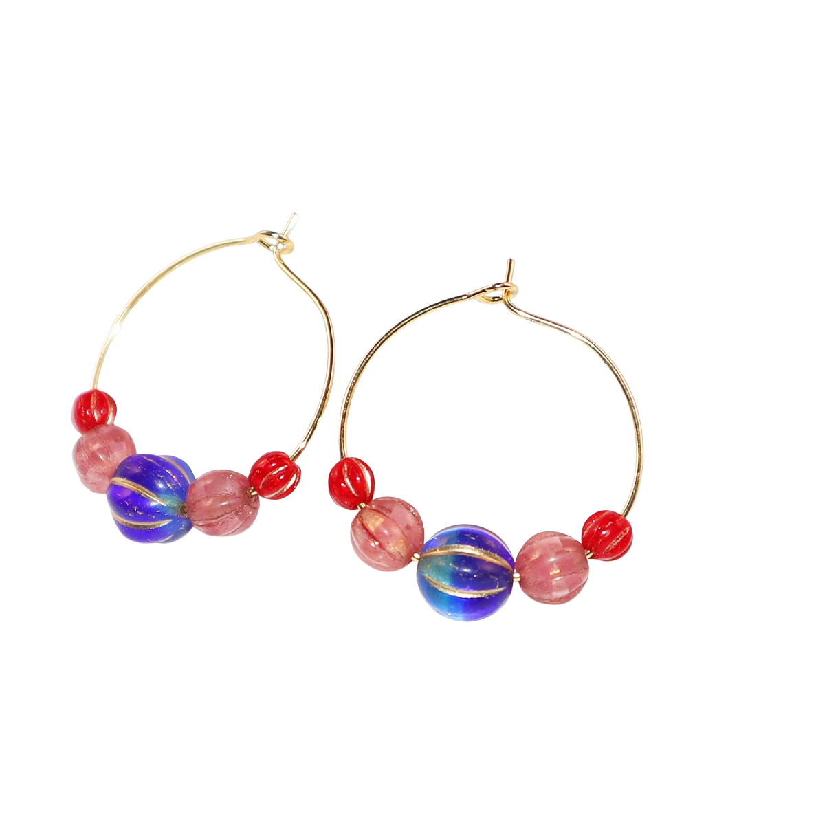 Hoop Earrings – Royal Blue Bead with Pink and Red Beads