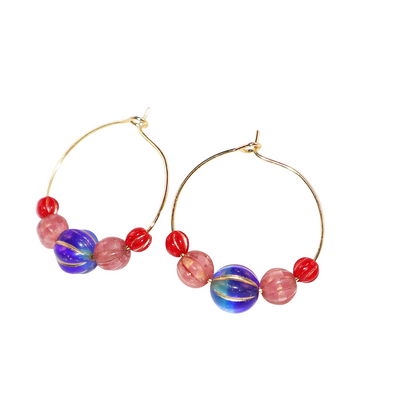 Hoop Earrings – Royal Blue Bead with Pink and Red Beads