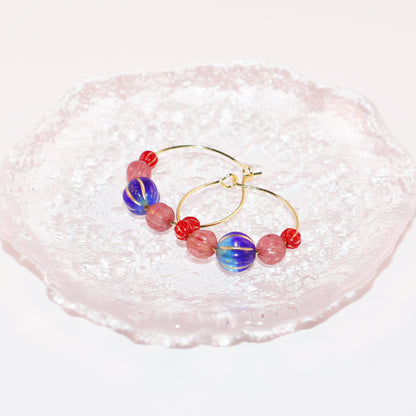 Hoop Earrings – Royal Blue Bead with Pink and Red Beads
