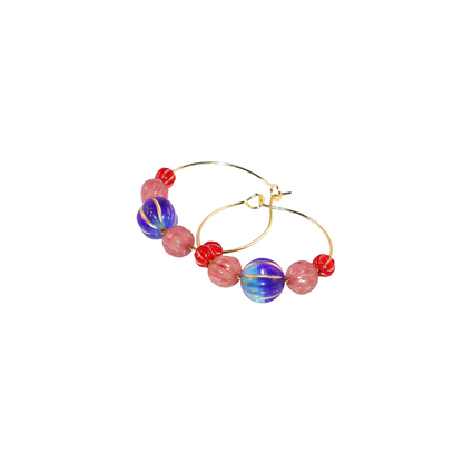 Hoop Earrings – Royal Blue Bead with Pink and Red Beads