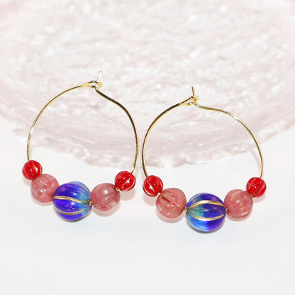 Hoop Earrings – Royal Blue Bead with Pink and Red Beads