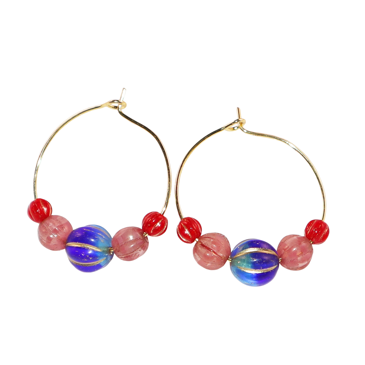 Hoop Earrings – Royal Blue Bead with Pink and Red Beads