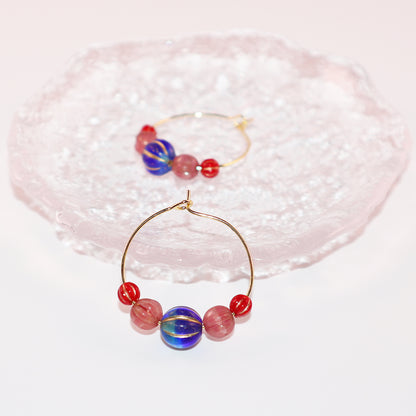 Hoop Earrings – Royal Blue Bead with Pink and Red Beads