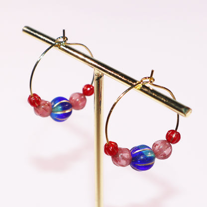 Hoop Earrings – Royal Blue Bead with Pink and Red Beads