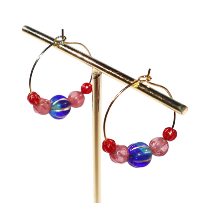 Hoop Earrings – Royal Blue Bead with Pink and Red Beads