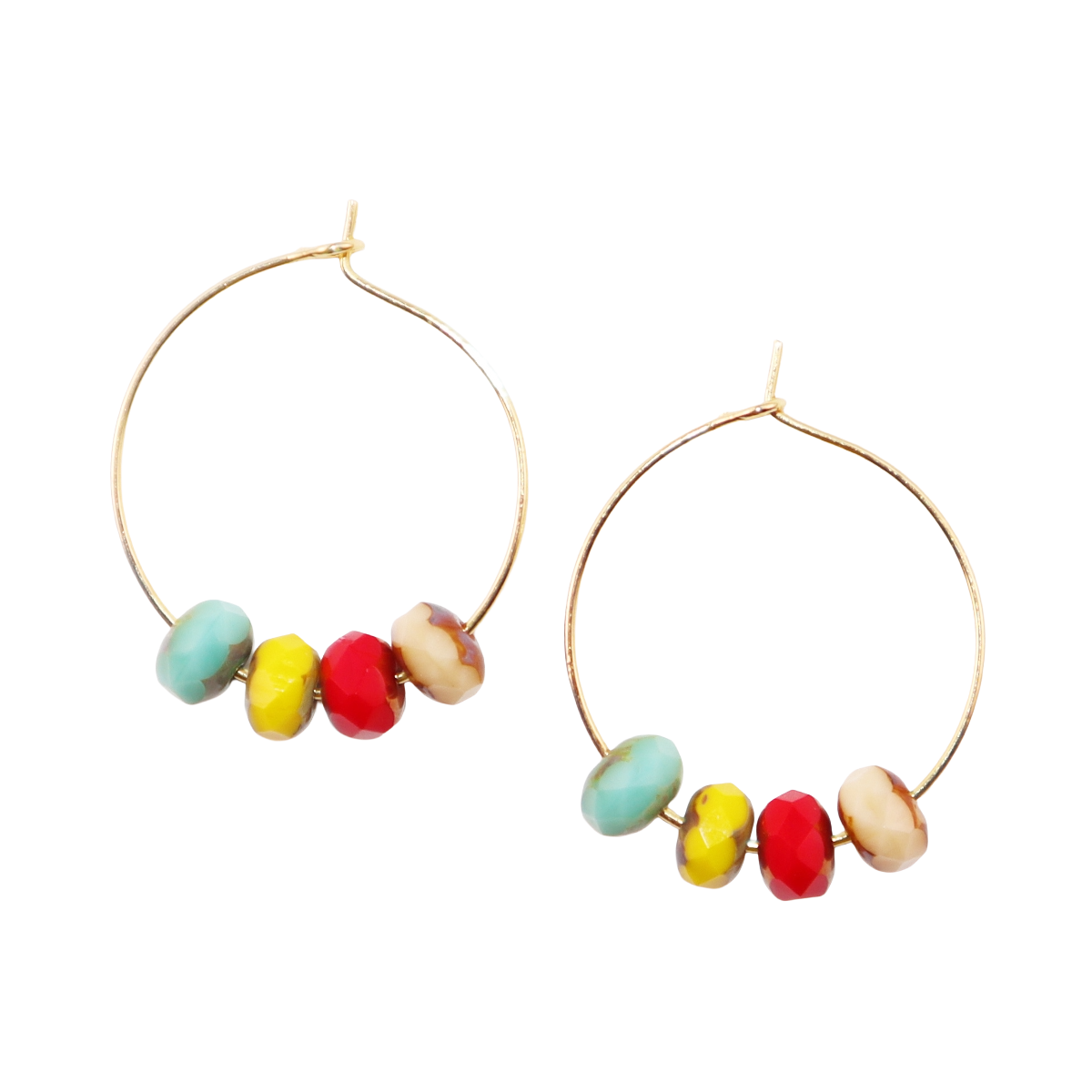 Handmade Hoop Earrings with Turquoise  Yellow Red and Champagne Beads