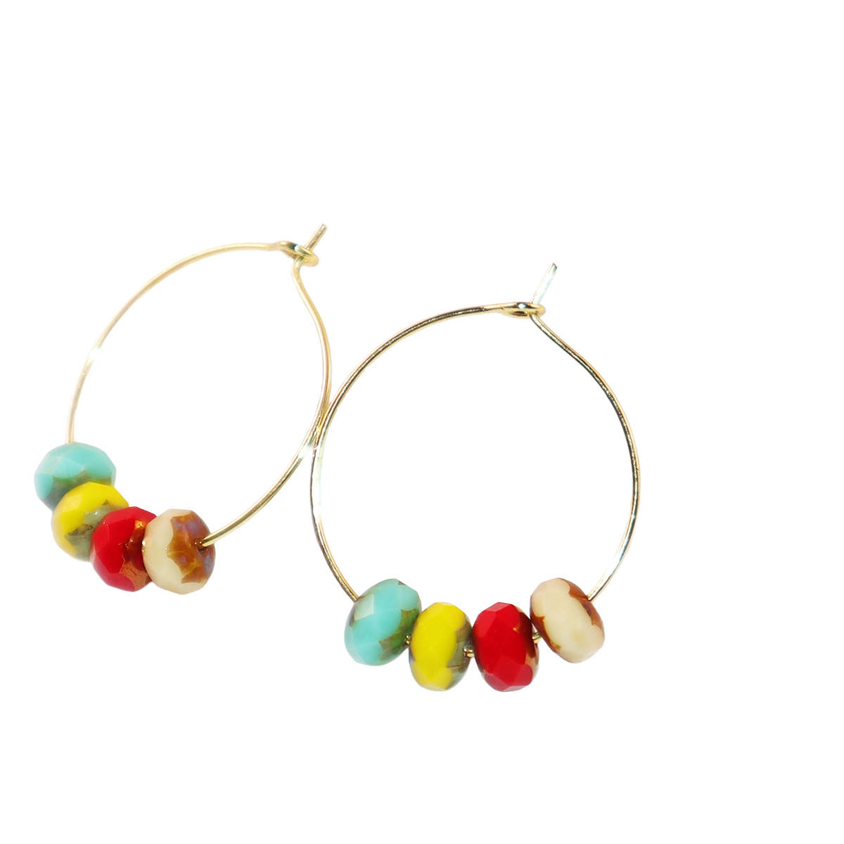 Handmade Hoop Earrings with Turquoise  Yellow Red and Champagne Beads