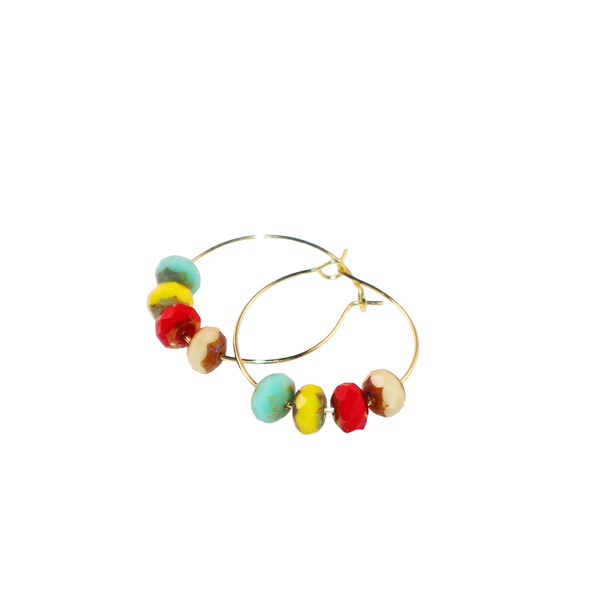 Handmade Hoop Earrings with Turquoise  Yellow Red and Champagne Beads