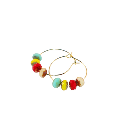 Handmade Hoop Earrings with Turquoise  Yellow Red and Champagne Beads