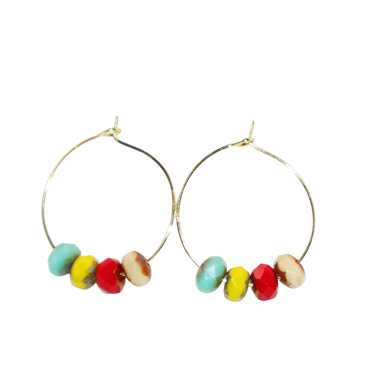 Handmade Hoop Earrings with Turquoise  Yellow Red and Champagne Beads