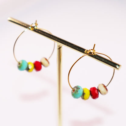 Handmade Hoop Earrings with Turquoise  Yellow Red and Champagne Beads