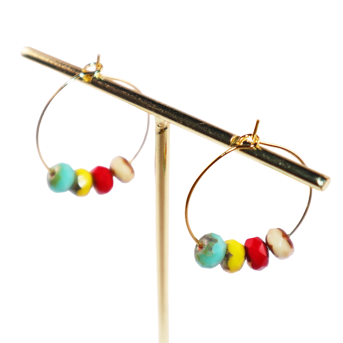 Handmade Hoop Earrings with Turquoise  Yellow Red and Champagne Beads