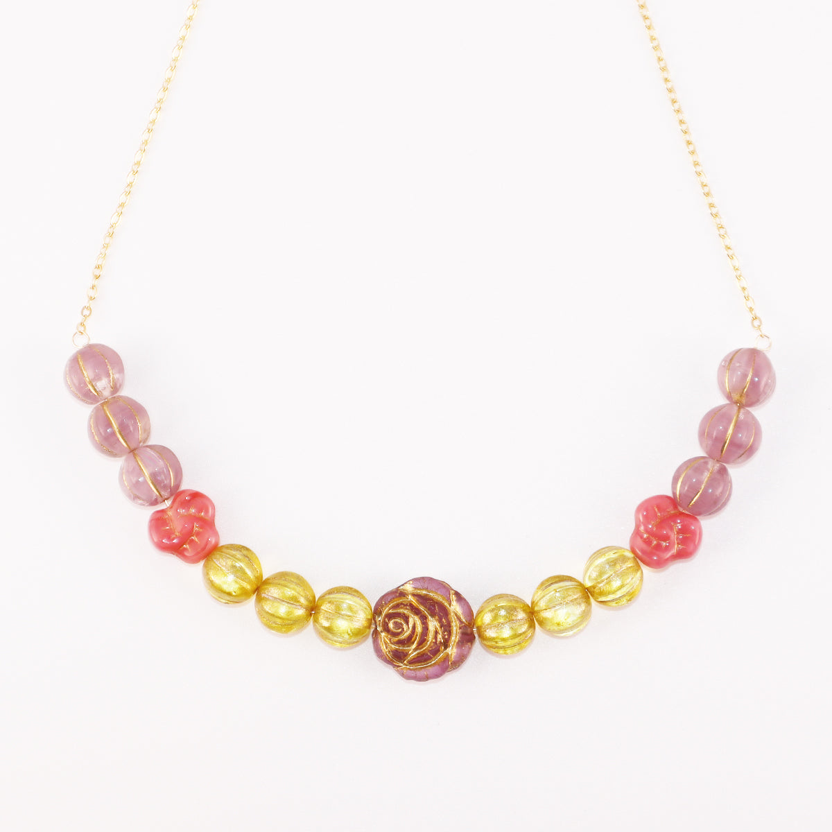 Lavender Flower Beaded Necklace – Yellow, Pink Beads