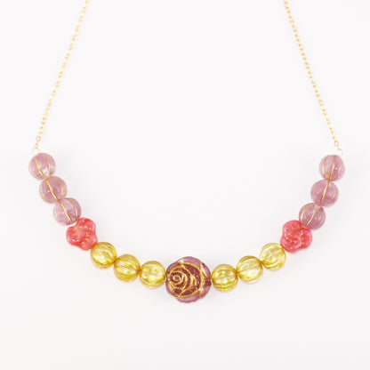 Lavender Flower Beaded Necklace – Yellow, Pink Beads