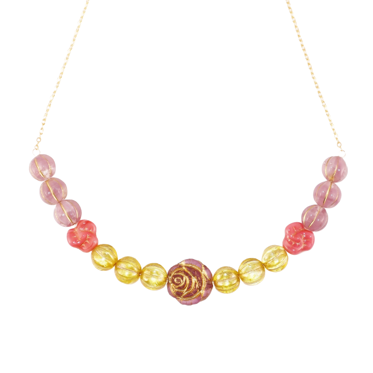 Lavender Flower Beaded Necklace – Yellow, Pink Beads