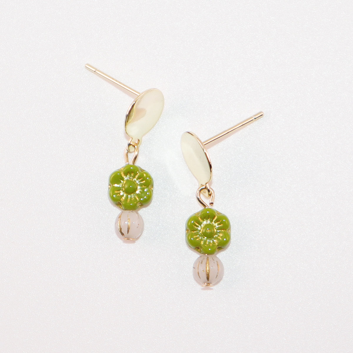 Mini Bead Stud Earrings – Green with White Beads