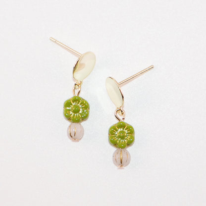 Mini Bead Stud Earrings – Green with White Beads