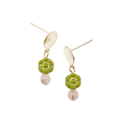Mini Bead Stud Earrings – Green with White Beads