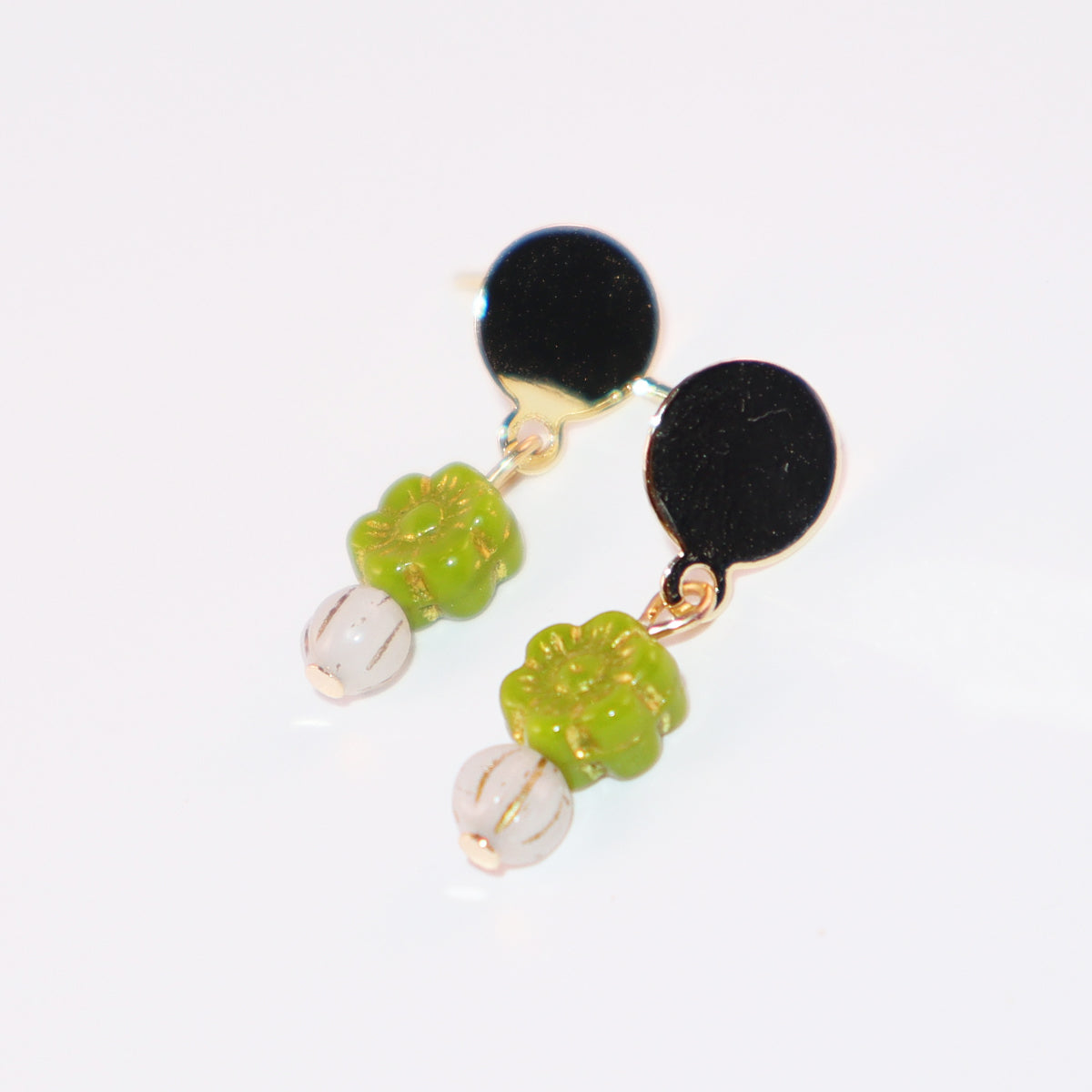 Mini Bead Stud Earrings – Green with White Beads