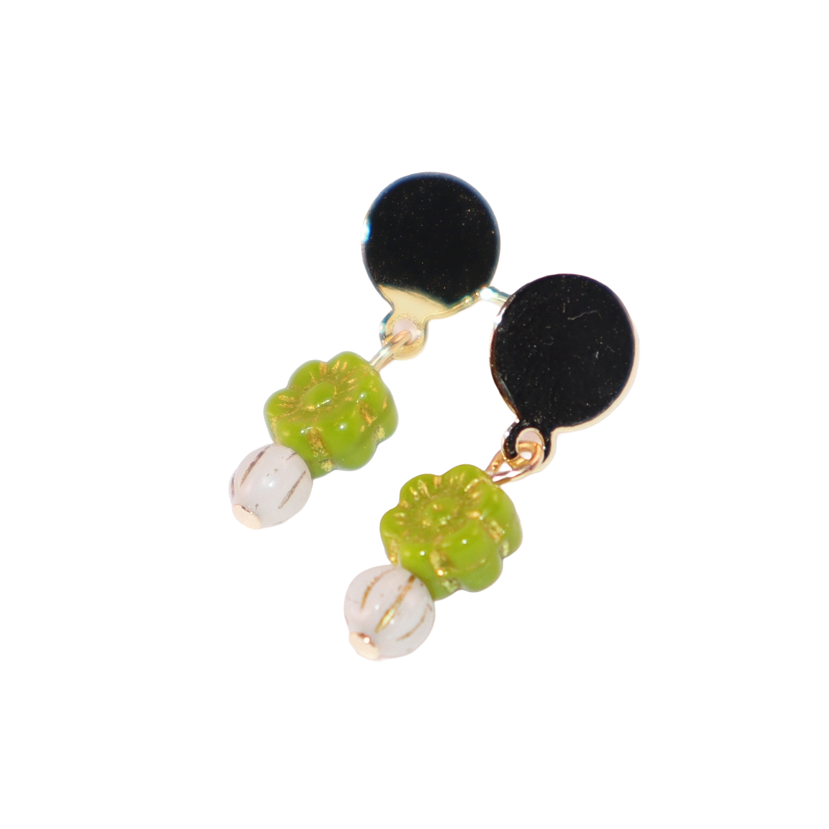Mini Bead Stud Earrings – Green with White Beads
