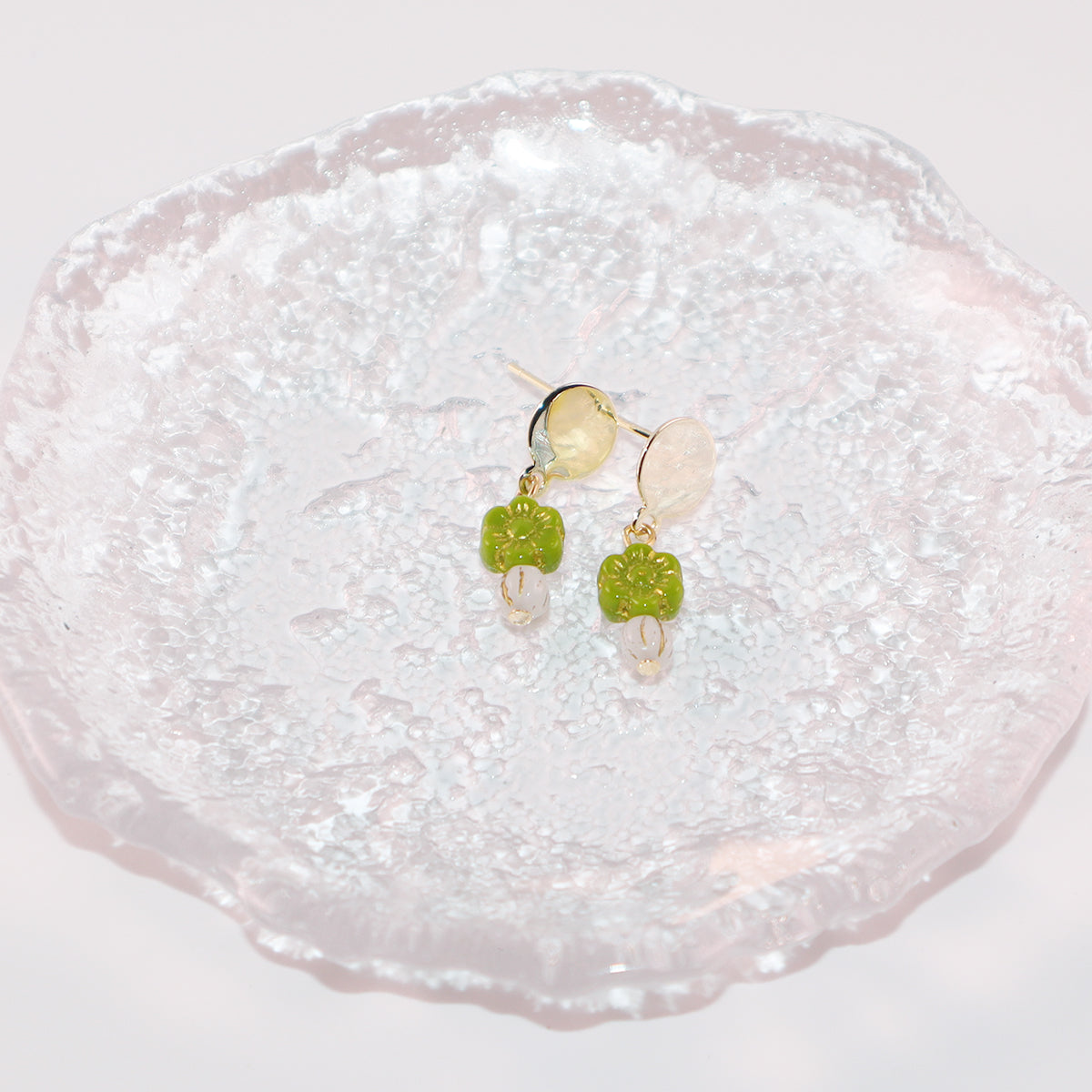 Mini Bead Stud Earrings – Green with White Beads