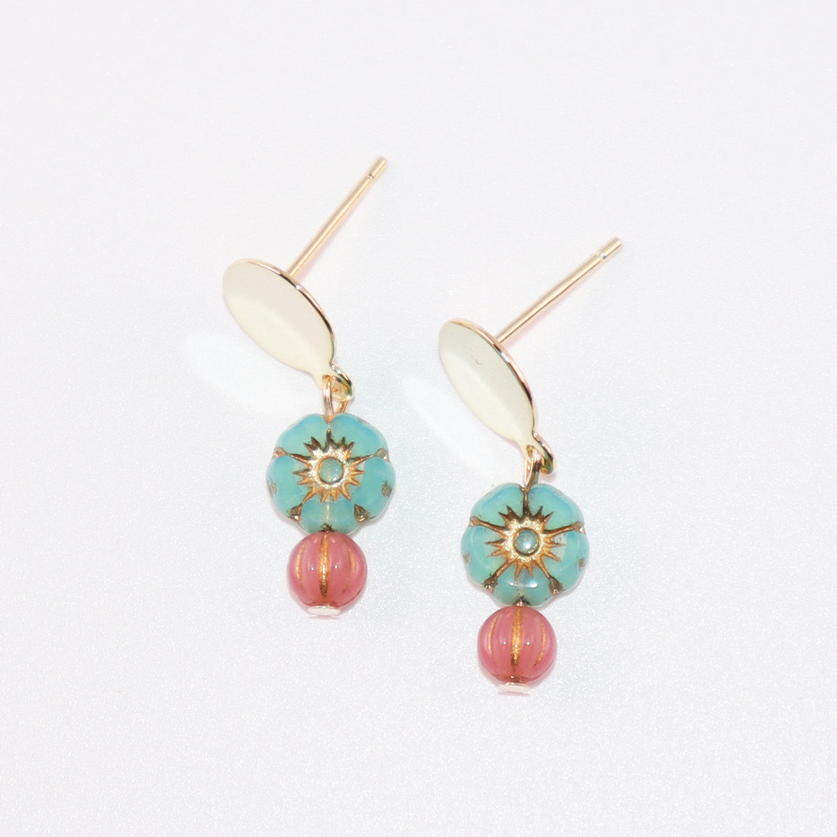 Mini Bead Stud Earrings – Mint Green with Pink Beads