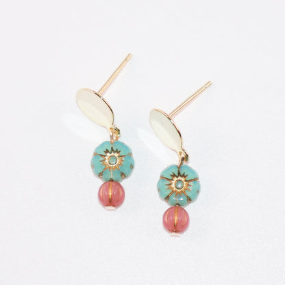 Mini Bead Stud Earrings – Mint Green with Pink Beads