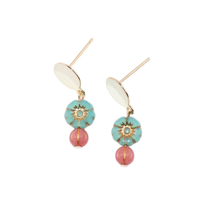 Mini Bead Stud Earrings – Mint Green with Pink Beads