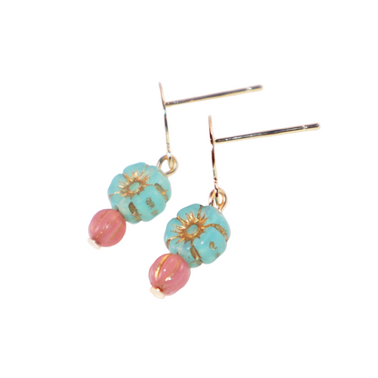 Mini Bead Stud Earrings – Mint Green with Pink Beads