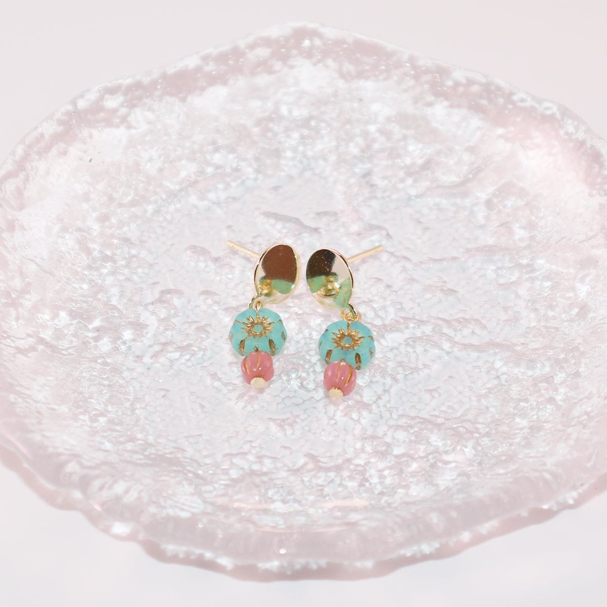 Mini Bead Stud Earrings – Mint Green with Pink Beads