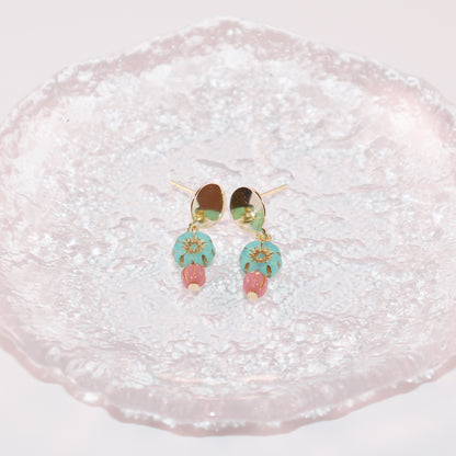 Mini Bead Stud Earrings – Mint Green with Pink Beads